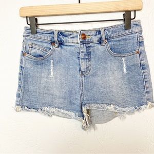 Vintage early 2000s OBEY Propaganda blue jean denim cutoff shorts size 26